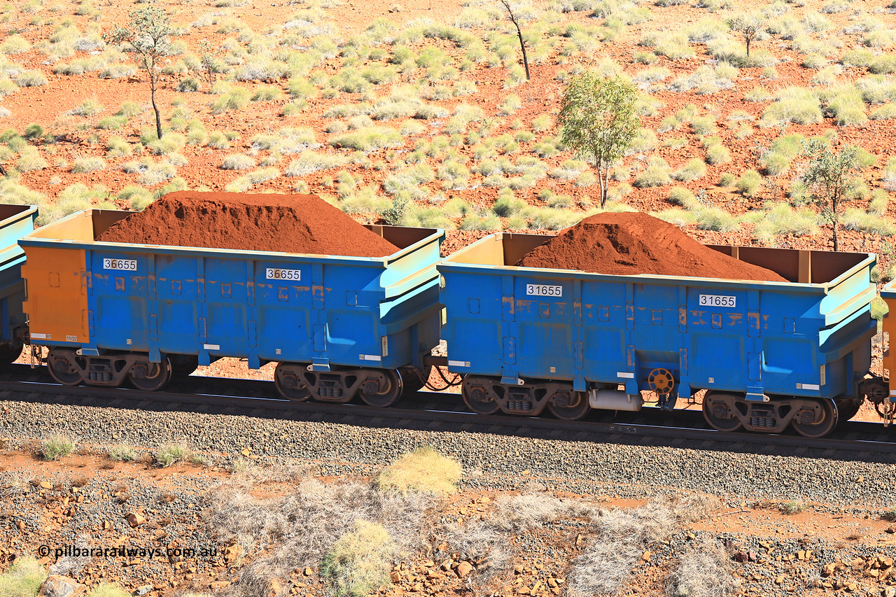 240701 2450
Western Creek, 67 km, one of Rio Tinto's blue rakes with spring assisted park brake and only electronic controlled pneumatic [ECP] braking, waggon pair 31655 is a master and is bar coupled to slave waggon 36655 built by China Northen as a Q type in 11/2022. Captured on July 1, 2024.
Keywords: 31655;36655;Q-type;China-Northern;Rio-ore-waggon;