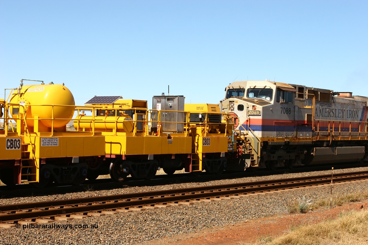 060715 6948
Rio Tinto compressor waggon set CB 03, compressor control waggon with two diesel powered Atlas Copco XAS 97's. These are built on former ore waggons that have been cut down. Seen here just outside of 7 Mile. 15th July 2006.
Keywords: CB03;rio-compressor-waggon;