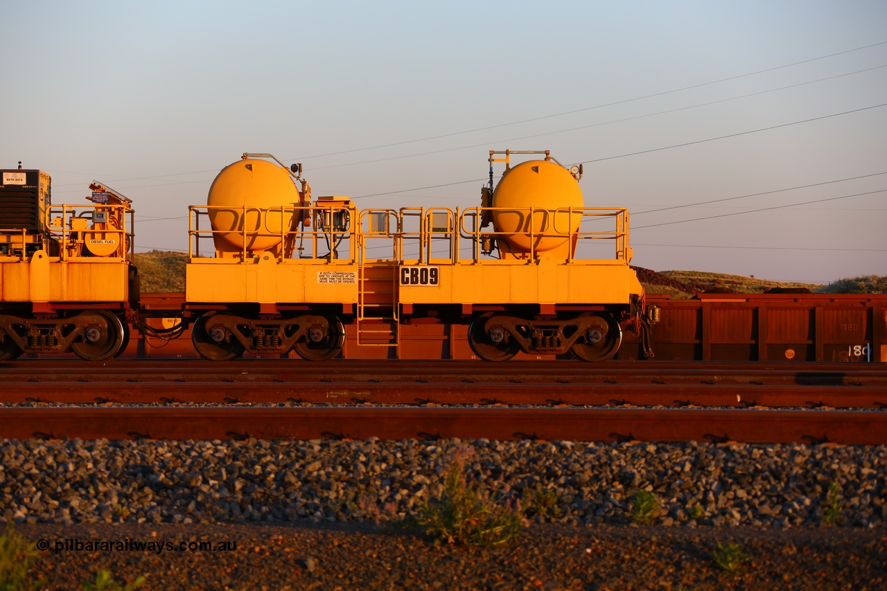 170510 8285
Rio Tinto compressor waggon set CB 09, air receiver waggon with two air tanks or receivers. Note the waggons are modified ore waggon frames. Seen here at Cape Lambert. 10th May 2017.
Keywords: CB09;rio-compressor-waggon;