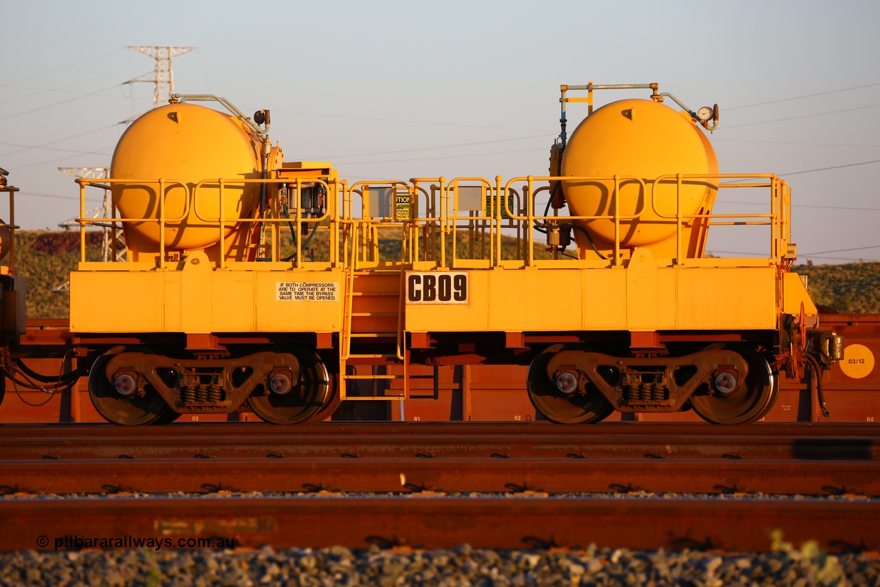 170510 8292
Rio Tinto compressor waggon set CB 09, air receiver waggon with two air tanks or receivers. Note the waggons are modified ore waggon frames. Seen here at Cape Lambert. 10th May 2017.
Keywords: CB09;rio-compressor-waggon;