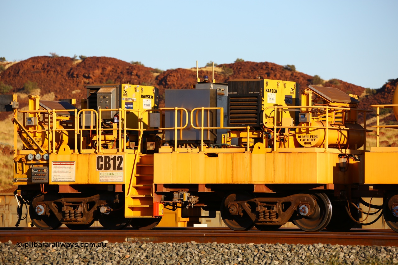 170728 09689
Rio Tinto compressor waggon set CB 12, compressor control waggon with two diesel powered Kaeser M57 Utility air compressors. Note the waggons are modified ore waggon frames. Seen here at Cape Lambert. 28th July 2017.
Keywords: CB12;rio-compressor-waggon;