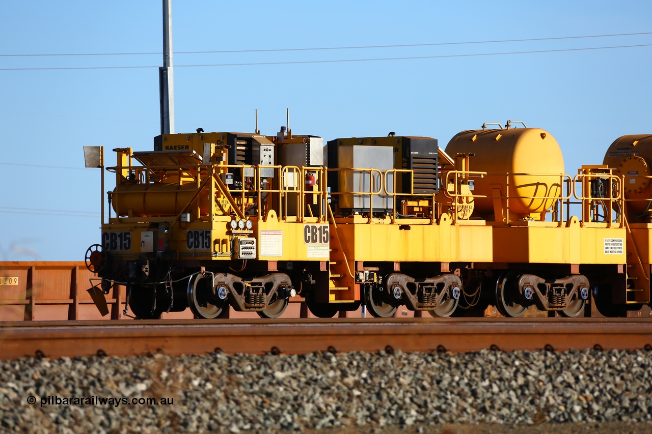 171018 0735
Rio Tinto compressor waggon set CB 15, compressor control waggon with two diesel powered Kaeser M57 Utility air compressors and the receiver waggon with two air tanks or receivers. Note the waggons are modified ore waggon frames. Seen here at Cape Lambert. 18th October 2017.
Keywords: CB15;rio-compressor-waggon;