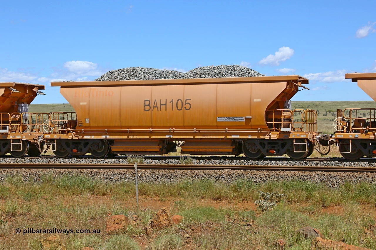 210322 9577
Near Gecko on Rio Tinto's Dampier - Tom Price line is Chinese built ballast waggon BAH 105 on a loaded ballast rake. Location is roughly [url=https://goo.gl/maps/XZkGLreipQwHrTjw9]here[/url]. 22nd March 2021.
Keywords: BAH-type;BAH105;Rio-ballast-waggon;