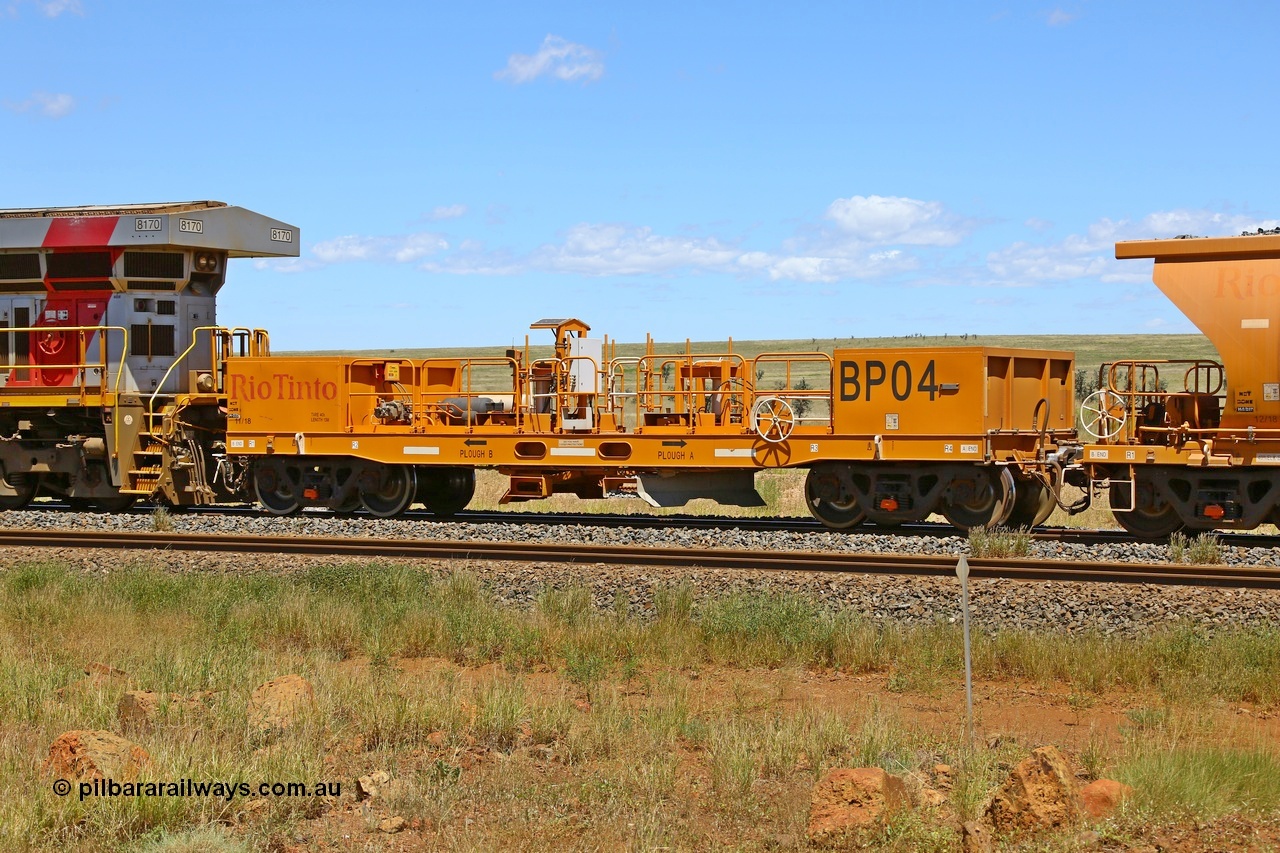 210322 9583
Near Gecko on Rio Tinto's Dampier - Tom Price line is CRRC Yangtze Rolling Stock Co of China built ballast plough waggon BP 04 on a loaded ballast rake. Location is roughly [url=https://goo.gl/maps/XZkGLreipQwHrTjw9]here[/url]. 22nd March 2021.
Keywords: BP-type;BP04;Rio-ballast-plough;CRRC-Yangtze-Rolling-Stock-Co-China;