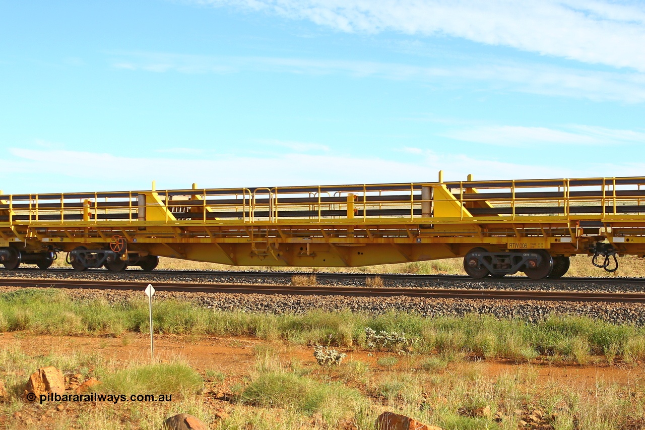 210510 1114
Near Gull on the Rio Tinto Dampier - Tom Price line at the 101.5 km, RTW type intermediate rail waggon RTW 006 on Rio Tinto's Gemco Rail built rail train consist. 10th May 2021. [url=https://goo.gl/maps/9WbRn1E4vP6a1YbN8]Location[/url].
Keywords: RTW-type;RTW006;Gemco-Rail-WA;