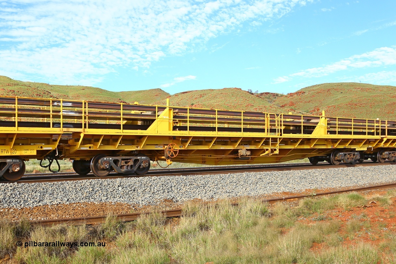 210510 1134
Near Galah on the Rio Tinto Dampier - Tom Price line at the 89.5 km, RTW type intermediate rail waggon RTW 019 on Rio Tinto's Gemco Rail built rail train consist. 10th May 2021. [url=https://goo.gl/maps/tSmgEtp7gcG7x24b9]Location[/url].
Keywords: RTW-type;RTW019;Gemco-Rail-WA;