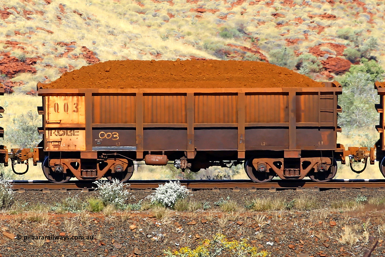 0003 170728 09952
Robe River ore waggon 003, built by Nippon Sharyo Nihon, non-handbrake side loaded view at the 72 km, Western Creek on the Deepdale line. July 28, 2017.
Keywords: 003;Nippon-Sharyo-Nihon;Robe-ore-waggon;