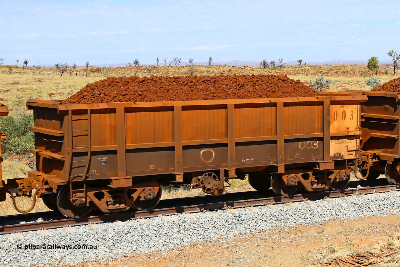 0003 170729 0200
Robe River ore waggon 003, built by Nippon Sharyo Nihon, fixed coupler handbrake side loaded view at the 103 km, between Maitland Siding and the Fortescue River on the Deepdale line. July 29, 2017.
Keywords: 003;Nippon-Sharyo-Nihon;Robe-ore-waggon;