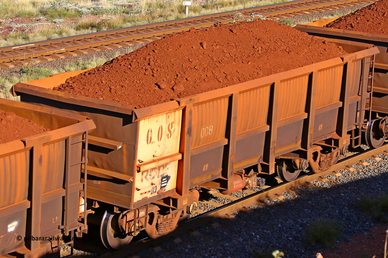 0008 210322 9750
Robe River ore waggon 008, built by Nippon Sharyo Nihon, rotary coupler end non-handbrake side loaded view at the 17 km on the Cape Lambert line, March 22, 2021.
Keywords: 008;Nippon-Sharyo-Nihon;Robe-ore-waggon;