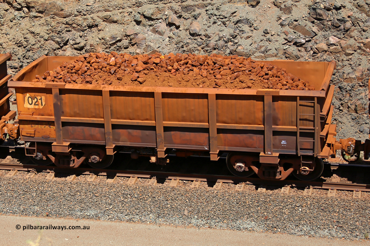 0021 160306 1664
Robe River ore waggon 021, built by Nippon Sharyo Nihon, fixed coupler non-handbrake side loaded view at the 45 km, Harding Siding on the Cape Lambert line. March 6, 2016.
Keywords: 021;Nippon-Sharyo-Nihon;Robe-ore-waggon;