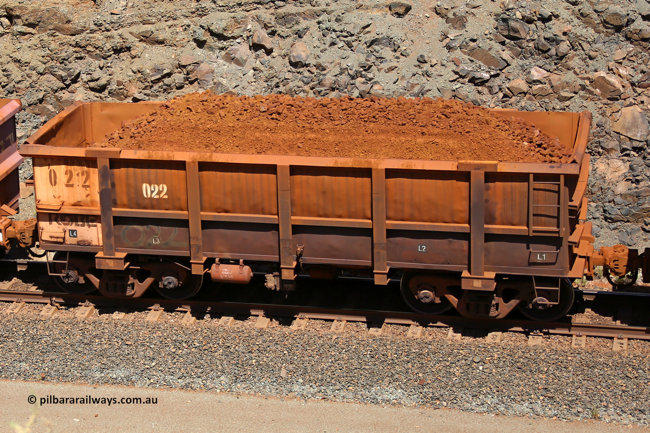 0022 160306 1645
Robe River ore waggon 022, built by Nippon Sharyo Nihon, fixed coupler non-handbrake side loaded view at the 45 km, Harding Siding on the Cape Lambert line. March 6, 2016.
Keywords: 022;Nippon-Sharyo-Nihon;Robe-ore-waggon;