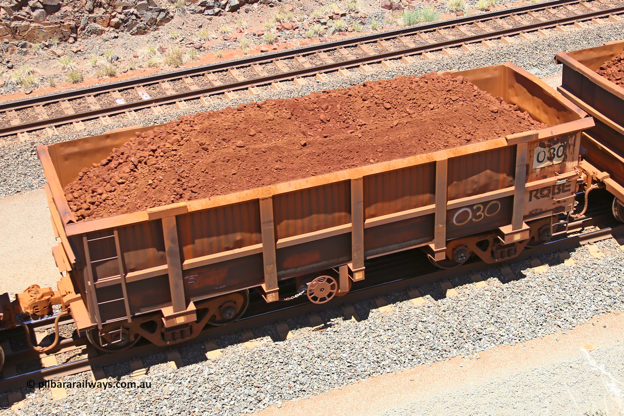 0030 160306 1454
Robe River ore waggon 030, built by Nippon Sharyo Nihon, fixed coupler handbrake side loaded view at the 45 km, Harding Siding on the Cape Lambert line. March 6, 2016.
Keywords: 030;Nippon-Sharyo-Nihon;Robe-ore-waggon;