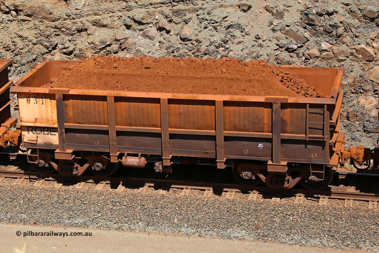 0031 160306 1632
Robe River ore waggon 030, built by Nippon Sharyo Nihon, fixed coupler non-handbrake side loaded view at the 45 km, Harding Siding on the Cape Lambert line. March 6, 2016.
Keywords: 031;Nippon-Sharyo-Nihon;Robe-ore-waggon;