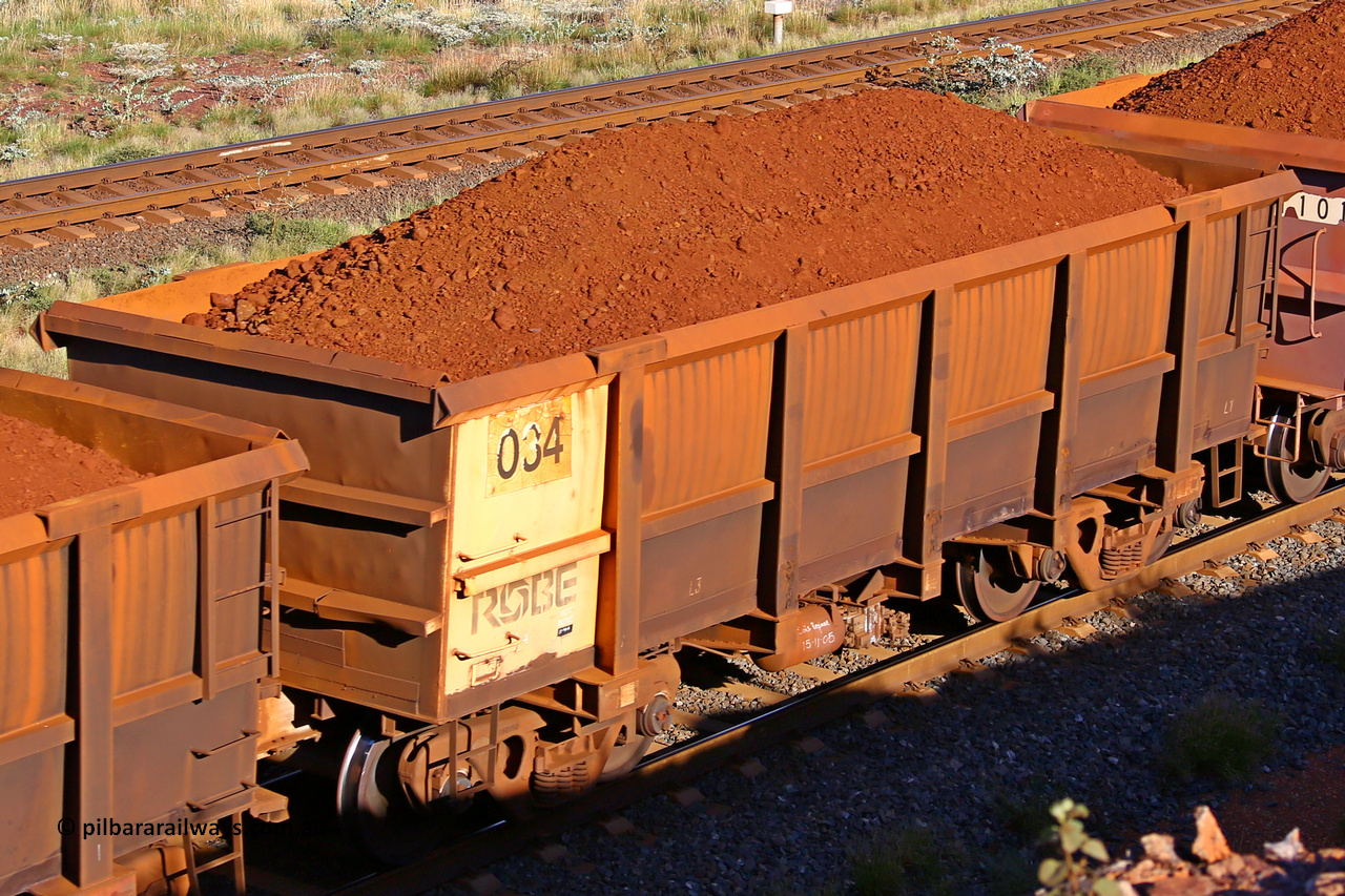 0034 210322 9744
Robe River ore waggon 034, built by Nippon Sharyo Nihon, rotary coupler end non-handbrake side loaded view at the 17 km on the Cape Lambert line, March 22, 2021.
Keywords: 034;Nippon-Sharyo-Nihon;Robe-ore-waggon;