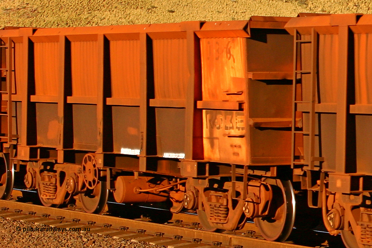 0036 060722 7609
Robe River ore waggon 036, built by Nippon Sharyo Nihon, rotary coupler end handbrake side empty partial view at the 11.7 km, Cape Lambert. July 22, 2006.
Keywords: 036;Nippon-Sharyo-Nihon;Robe-ore-waggon;