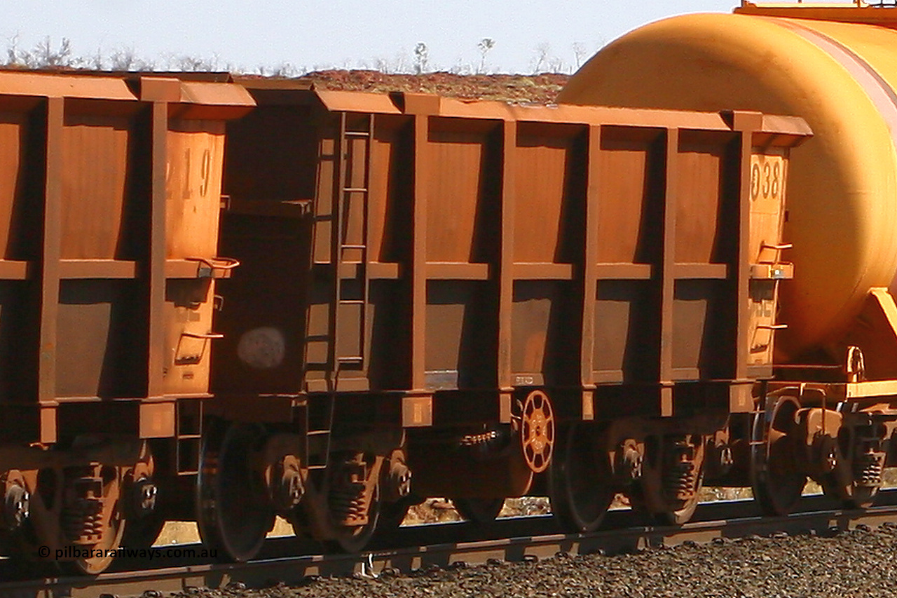 0038 070915 0885
Robe River ore waggon 038, built by Nippon Sharyo Nihon, fixed coupler handbrake side empty view at the 73 km between Western Creek and Maitland on the Deepdale line. September 15, 2007.
Keywords: 038;Nippon-Sharyo-Nihon;Robe-ore-waggon;