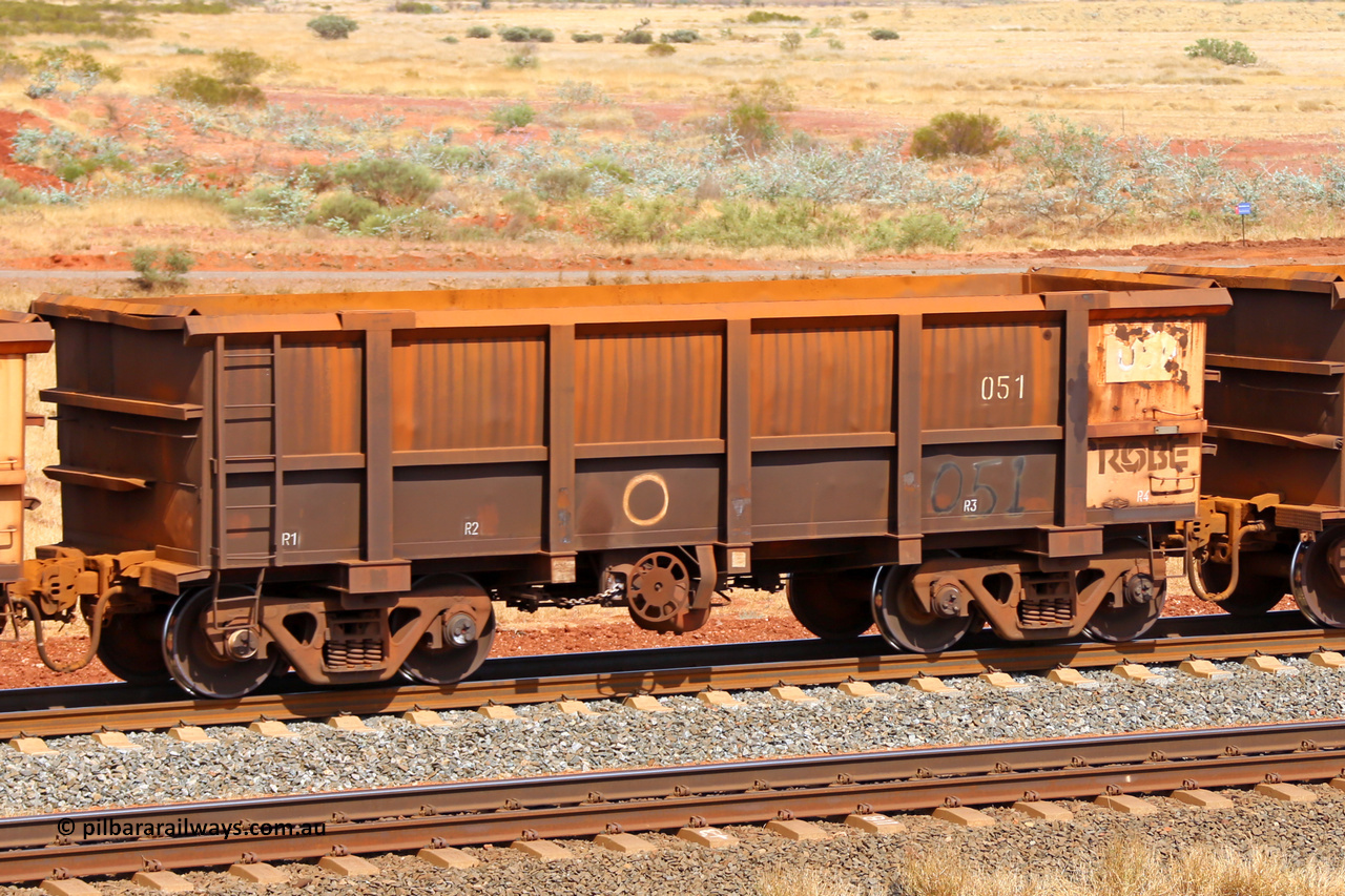 0051 141124 6775
Robe River ore waggon 051, built by Nippon Sharyo Nihon, fixed coupler handbrake side empty view at the 25 km at Arches Siding on the Cape Lambert line. November 24, 2014.
Keywords: 051;Nippon-Sharyo-Nihon;Robe-ore-waggon;