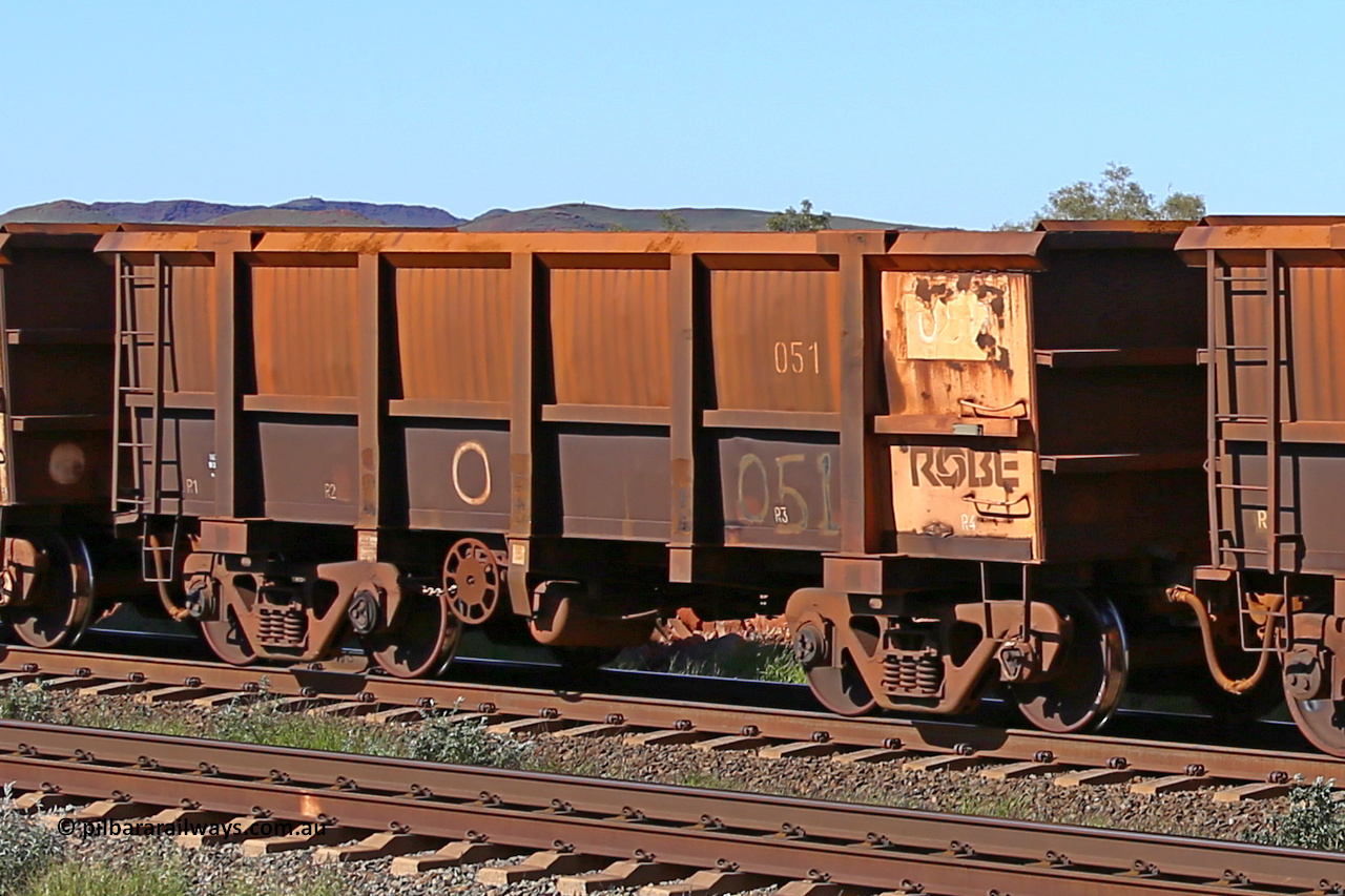 0051 160727 0970
Robe River ore waggon 051, built by Nippon Sharyo Nihon, rotary coupler end handbrake side empty view at Harding Siding on the Cape Lambert line, July 27, 2016.
Keywords: 051;Nippon-Sharyo-Nihon;Robe-ore-waggon;