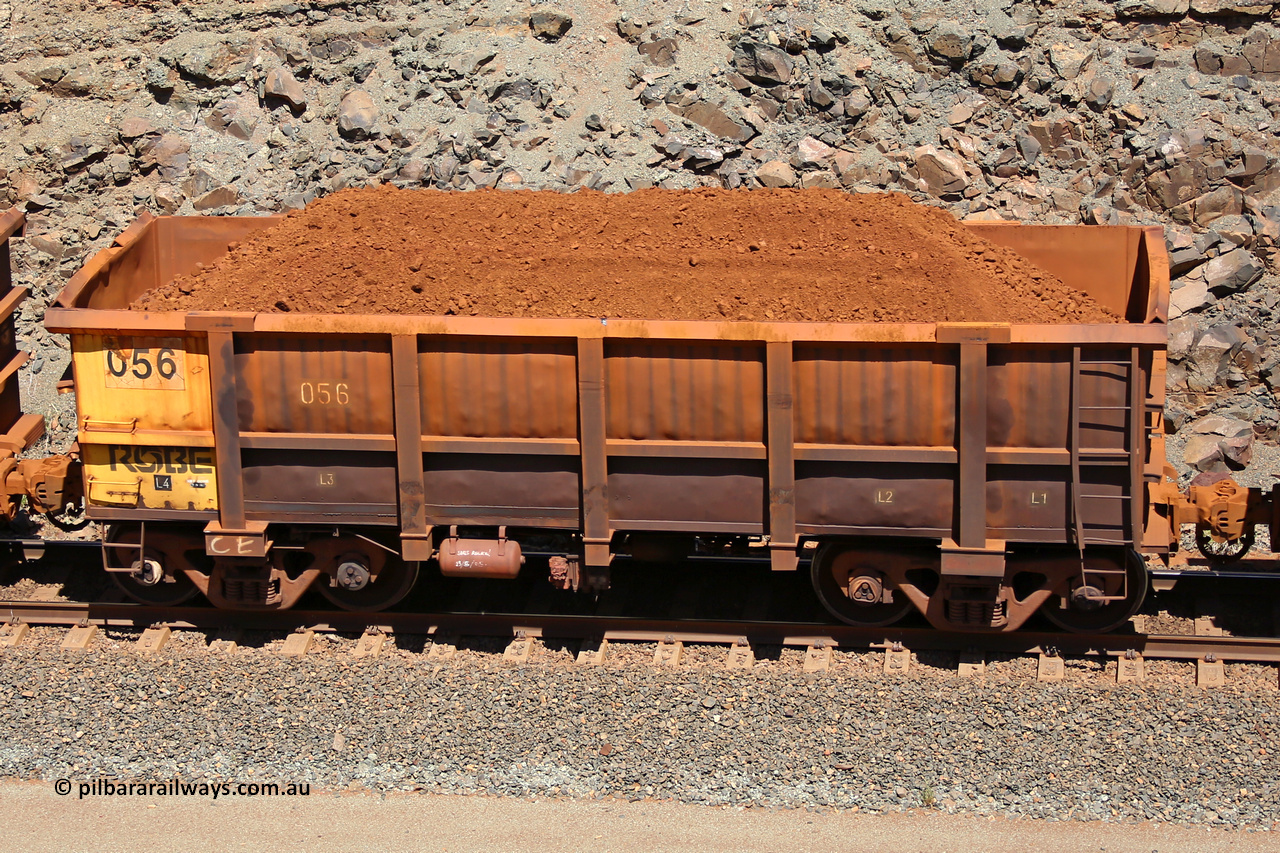 0056 160306 1556
Robe River ore waggon 056, built by Nippon Sharyo Nihon, fixed coupler non-handbrake side loaded view at the 45 km, Harding Siding on the Cape Lambert line. March 6, 2016.
Keywords: 056;Nippon-Sharyo-Nihon;Robe-ore-waggon;