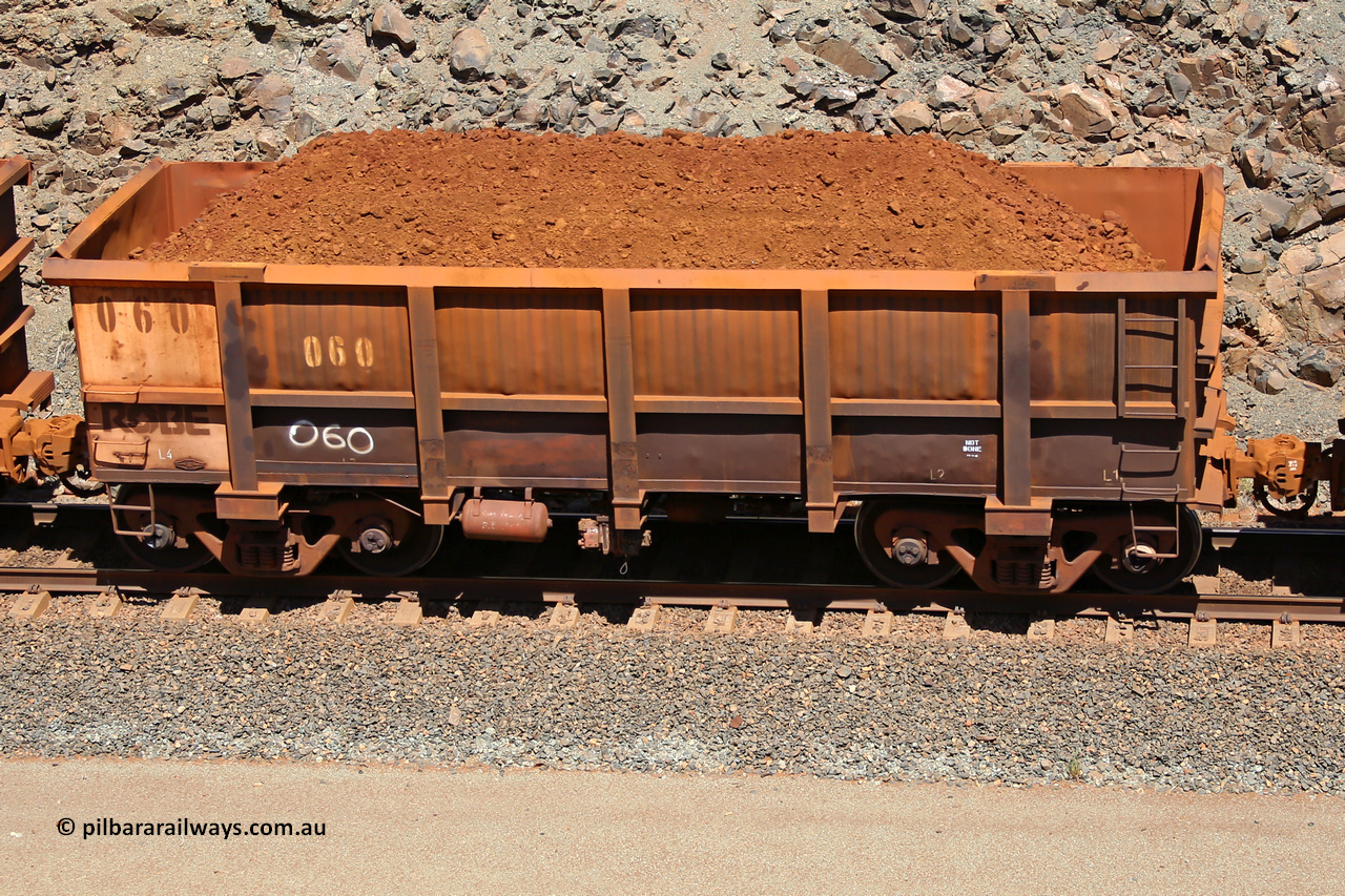 0060 160306 1542
Robe River ore waggon 060, built by Nippon Sharyo Nihon, fixed coupler non-handbrake side loaded view at the 45 km, Harding Siding on the Cape Lambert line. March 6, 2016.
Keywords: 060;Nippon-Sharyo-Nihon;Robe-ore-waggon;