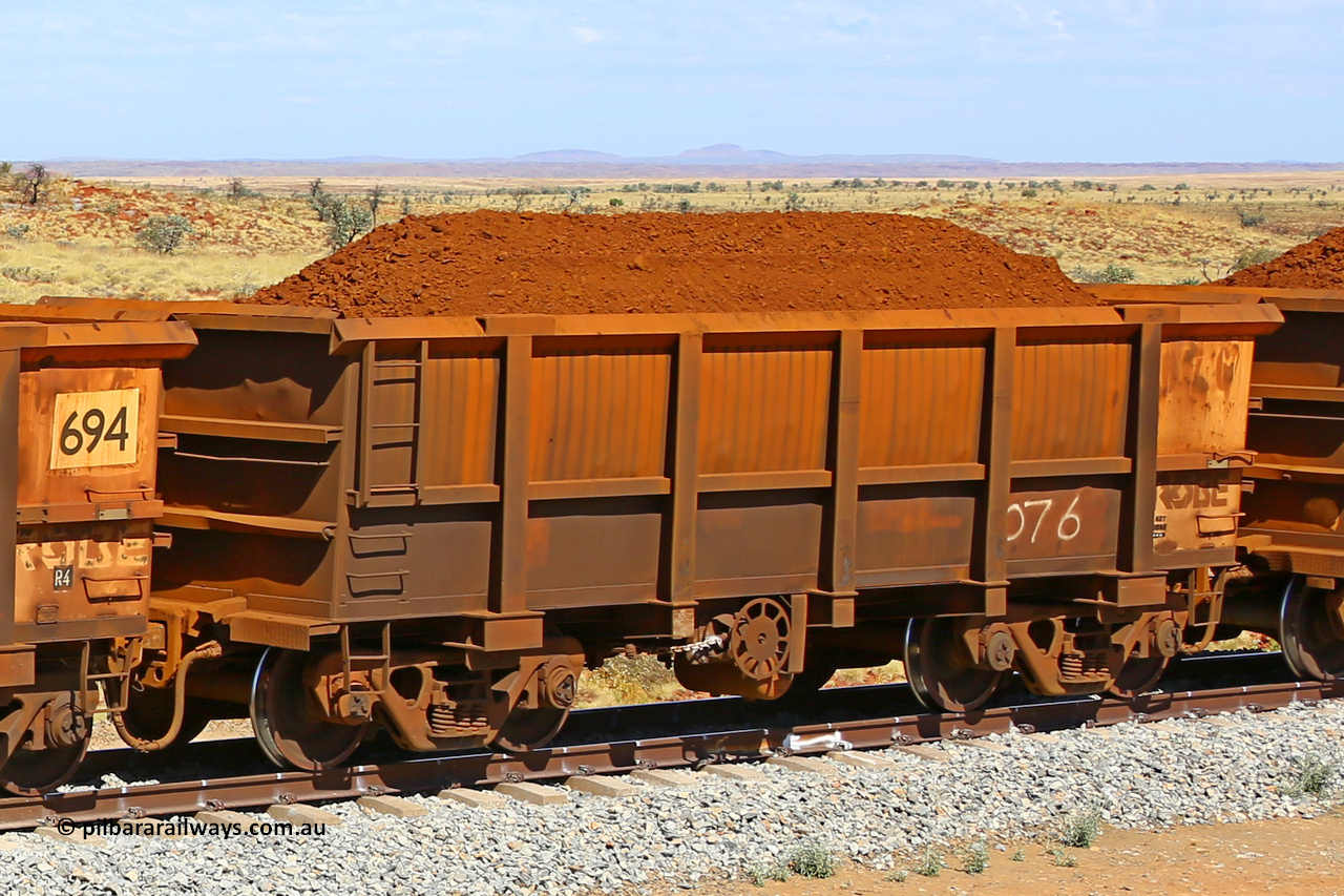 0076 170729 0225
Robe River ore waggon 076, built by Nippon Sharyo Nihon, fixed coupler handbrake side loaded view at the 103 km, between Maitland Siding and the Fortescue River on the Deepdale line. July 29, 2017.
Keywords: 076;Nippon-Sharyo-Nihon;Robe-ore-waggon;