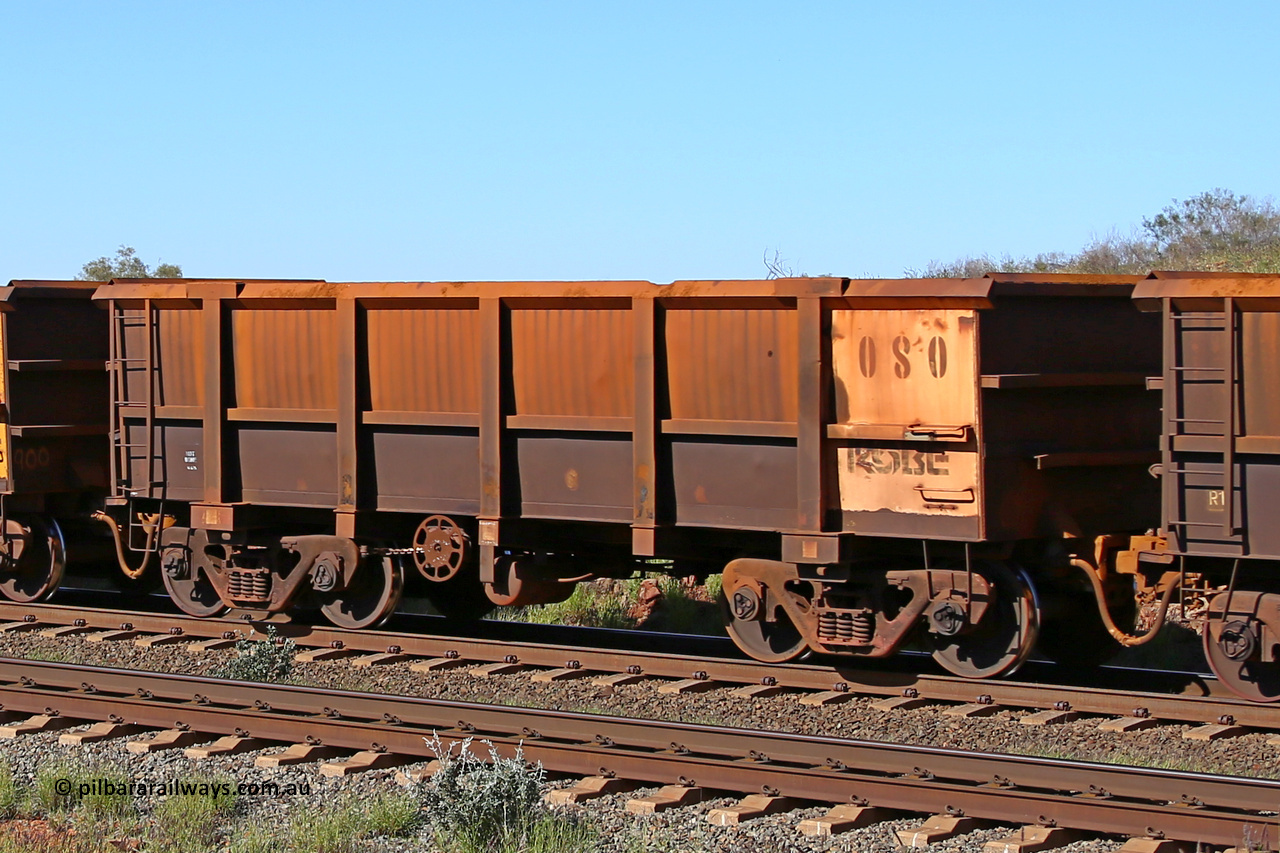 0080 160727 0968
Robe River ore waggon 080, built by Nippon Sharyo Nihon, rotary coupler end handbrake side empty view at Harding Siding on the Cape Lambert line, July 27, 2016.
Keywords: 080;Nippon-Sharyo-Nihon;Robe-ore-waggon;
