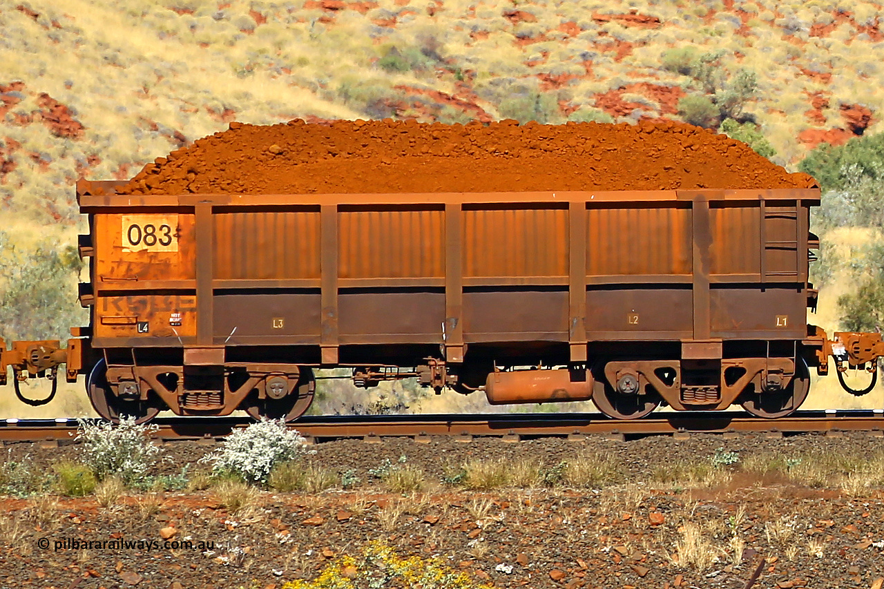 0083 170728 09912
Robe River ore waggon 083, built by Nippon Sharyo Nihon, non-handbrake side loaded view at the 72 km, Western Creek on the Deepdale line. July 28, 2017.
Keywords: 083;Nippon-Sharyo-Nihon;Robe-ore-waggon;