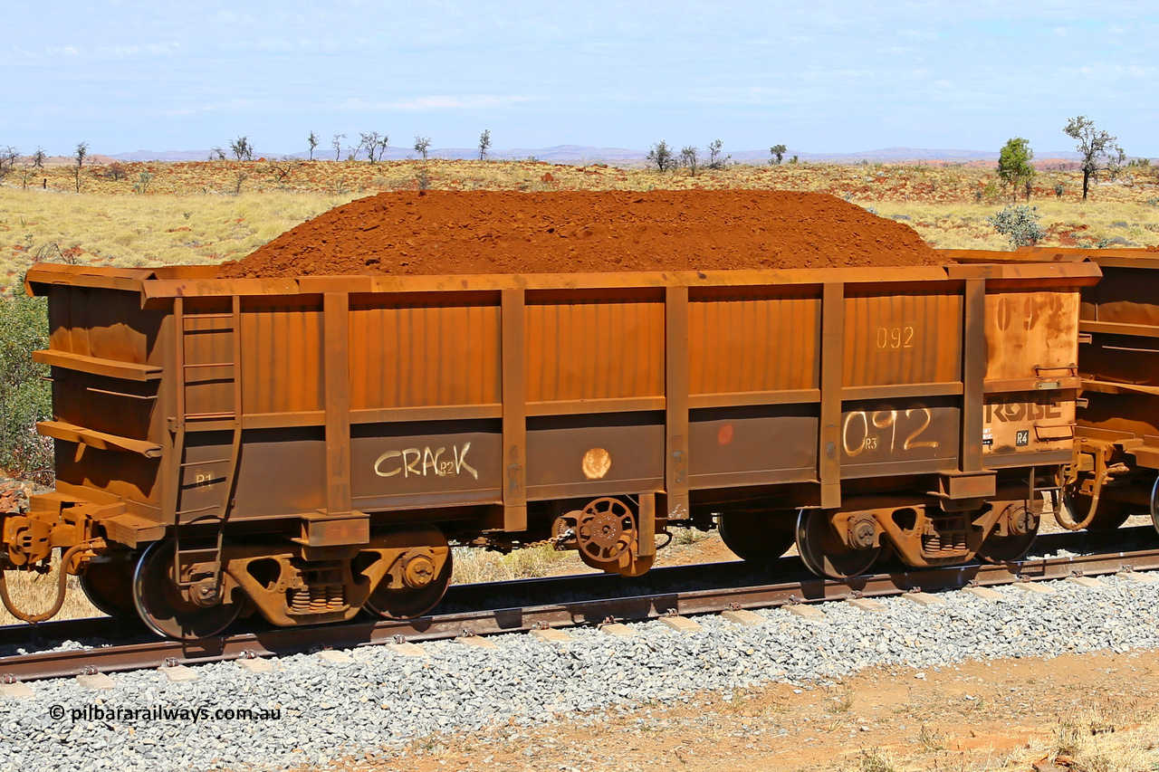 0092 170729 0218
Robe River ore waggon 092, built by Nippon Sharyo Nihon, fixed coupler handbrake side loaded view at the 103 km, between Maitland Siding and the Fortescue River on the Deepdale line. July 29, 2017.
Keywords: 092;Nippon-Sharyo-Nihon;Robe-ore-waggon;