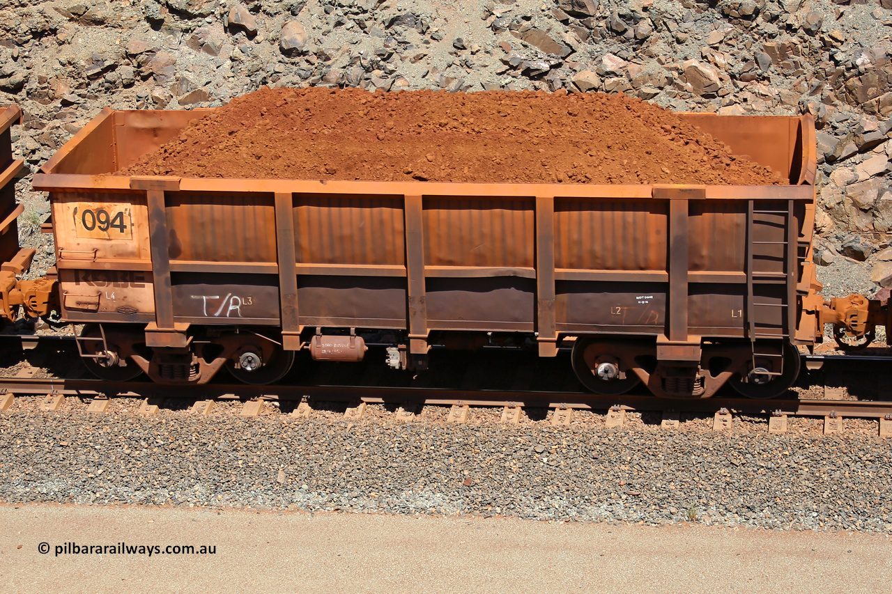 0094 160306 1536
Robe River ore waggon 094, built by Nippon Sharyo Nihon, fixed coupler non-handbrake side loaded view at the 45 km, Harding Siding on the Cape Lambert line. March 6, 2016.
Keywords: 094;Nippon-Sharyo-Nihon;Robe-ore-waggon;