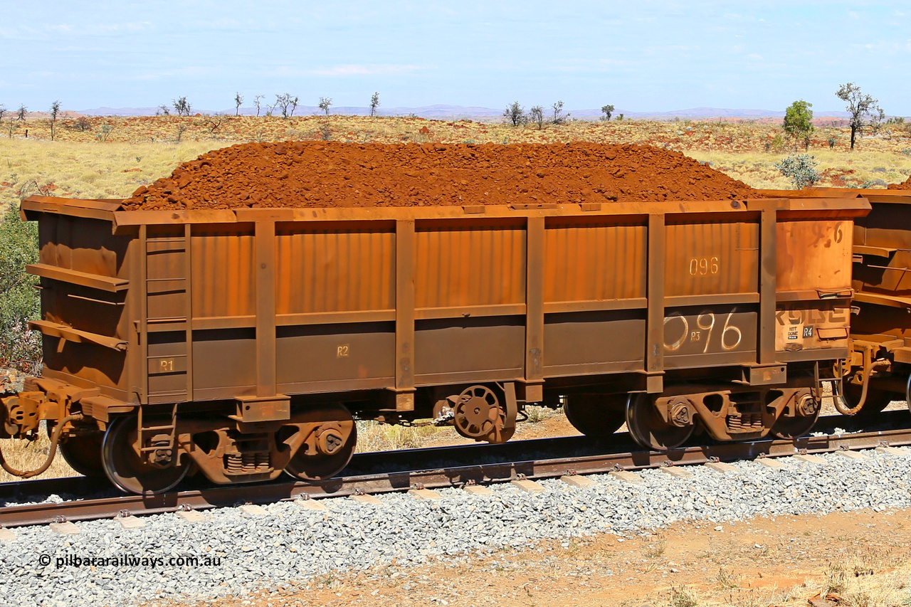 0096 170729 0207
Robe River ore waggon 096, built by Nippon Sharyo Nihon, fixed coupler handbrake side loaded view at the 103 km, between Maitland Siding and the Fortescue River on the Deepdale line. July 29, 2017.
Keywords: 096;Nippon-Sharyo-Nihon;Robe-ore-waggon;