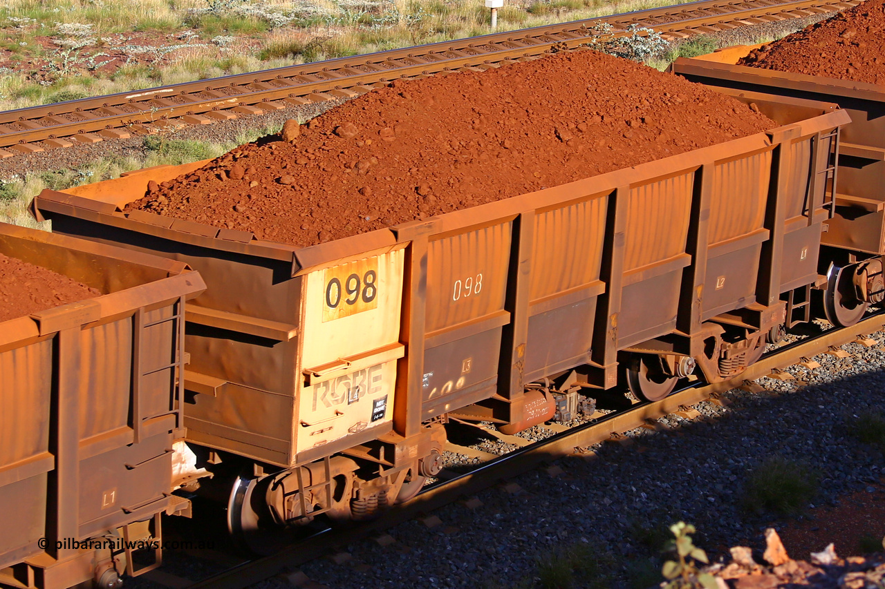 0098 210322 9748
Robe River ore waggon 098, built by Nippon Sharyo Nihon, rotary coupler end non-handbrake side loaded view at the 17 km on the Cape Lambert line, March 22, 2021.
Keywords: 098;Nippon-Sharyo-Nihon;Robe-ore-waggon;