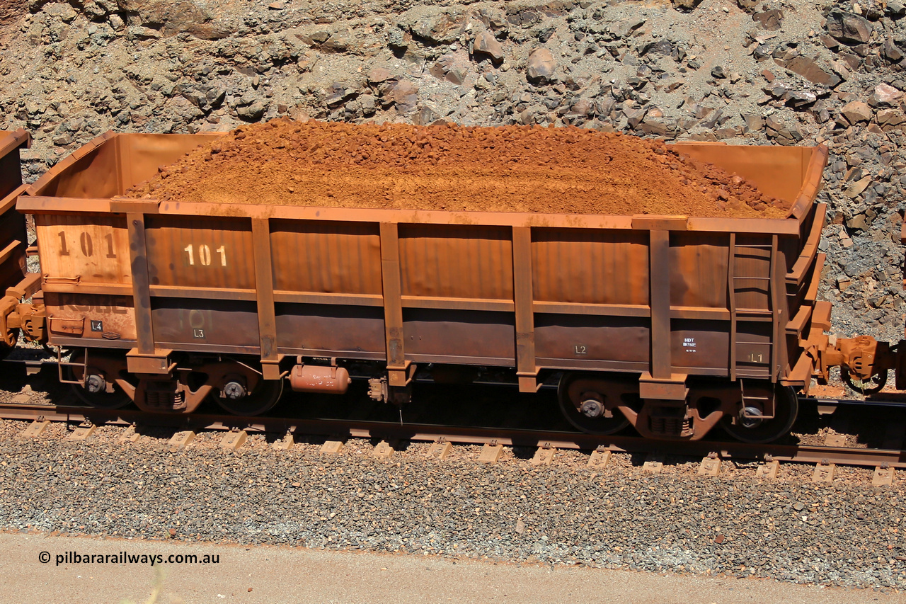 0101 160306 1646
Robe River ore waggon 101, built by Nippon Sharyo Nihon, fixed coupler non-handbrake side loaded view at the 45 km, Harding Siding on the Cape Lambert line. March 6, 2016.
Keywords: 101;Nippon-Sharyo-Nihon;Robe-ore-waggon;