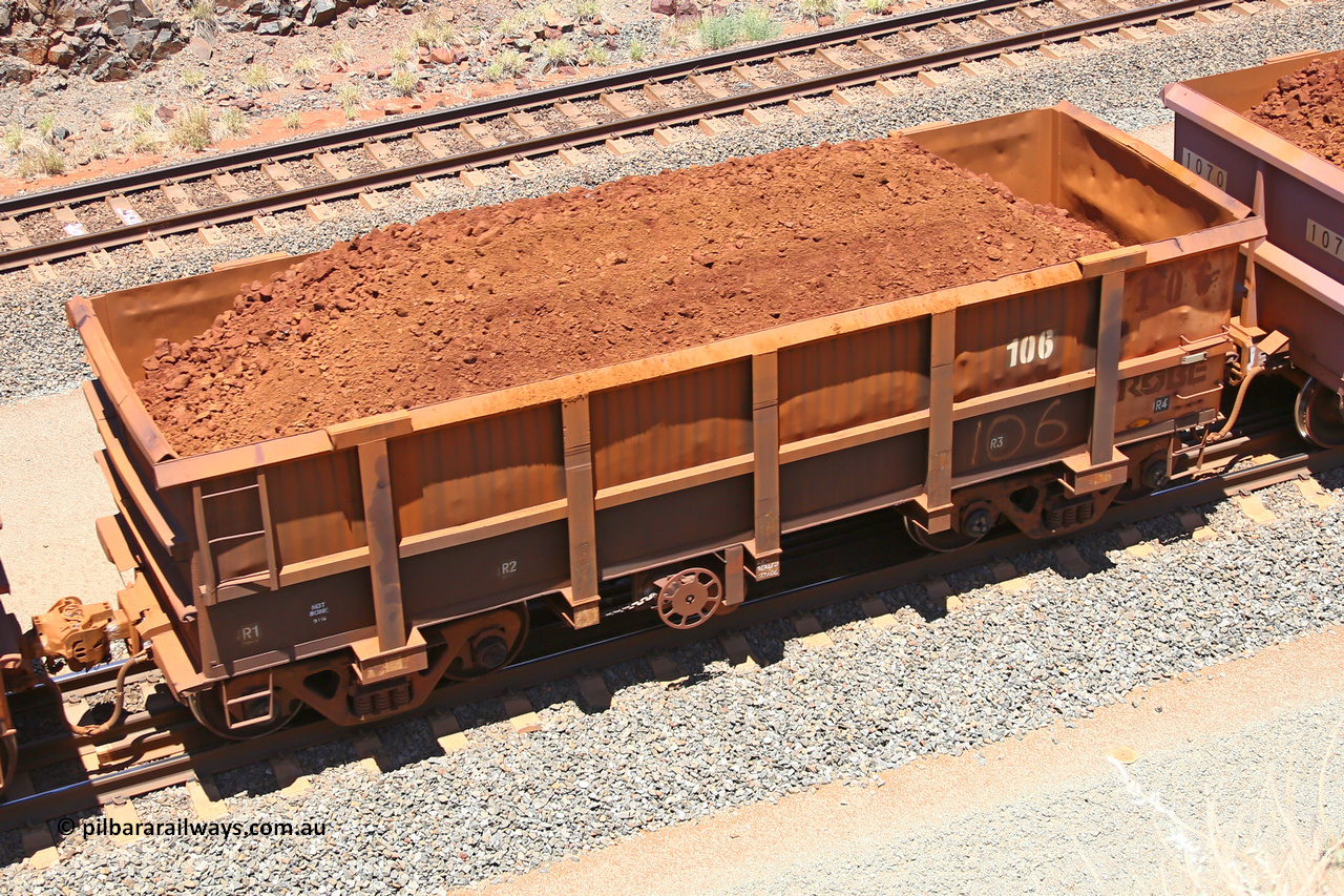 0106 160306 1464
Robe River ore waggon 106, built by Nippon Sharyo Nihon, fixed coupler handbrake side loaded view at the 45 km, Harding Siding on the Cape Lambert line. March 6, 2016.
Keywords: 106;Nippon-Sharyo-Nihon;Robe-ore-waggon;