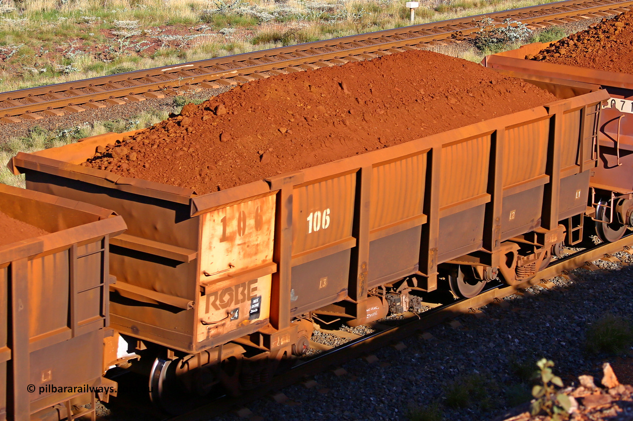 0106 210322 9773
Robe River ore waggon 106, built by Nippon Sharyo Nihon, rotary coupler end non-handbrake side loaded view at the 17 km on the Cape Lambert line, March 22, 2021.
Keywords: 106;Nippon-Sharyo-Nihon;Robe-ore-waggon;