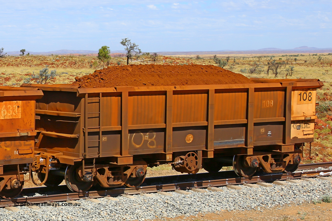 0108 170729 0278
Robe River ore waggon 108, built by Nippon Sharyo Nihon, fixed coupler handbrake side loaded view at the 103 km, between Maitland Siding and the Fortescue River on the Deepdale line. July 29, 2017.
Keywords: 108;Nippon-Sharyo-Nihon;Robe-ore-waggon;
