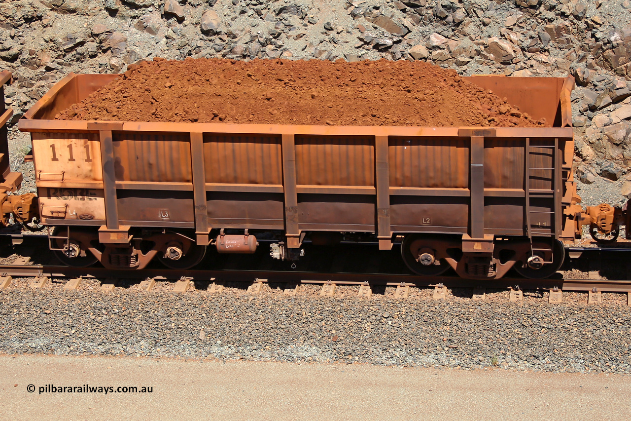 0111 160306 1537
Robe River ore waggon 111, built by Nippon Sharyo Nihon, fixed coupler non-handbrake side loaded view at the 45 km, Harding Siding on the Cape Lambert line. March 6, 2016.
Keywords: 111;Nippon-Sharyo-Nihon;Robe-ore-waggon;