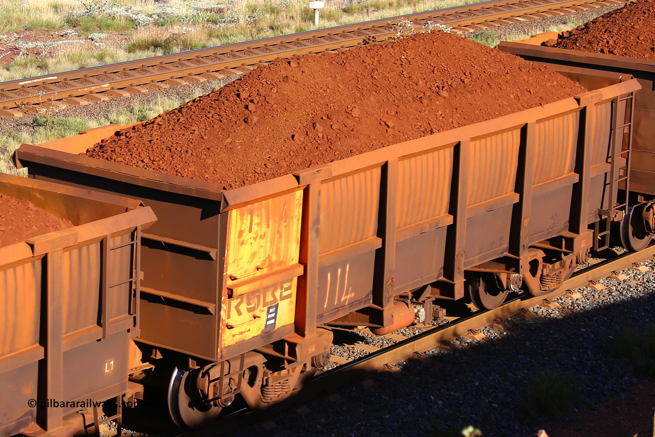 0114 210322 9742
Robe River ore waggon 114, built by Nippon Sharyo Nihon, rotary coupler end non-handbrake side loaded view at the 17 km on the Cape Lambert line, March 22, 2021.
Keywords: 114;Nippon-Sharyo-Nihon;Robe-ore-waggon;