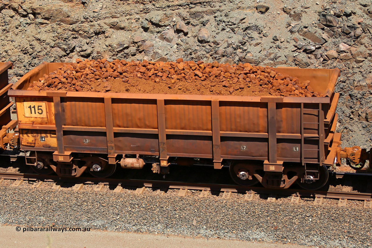 0115 160306 1666
Robe River ore waggon 115, built by Nippon Sharyo Nihon, fixed coupler non-handbrake side loaded view at the 45 km, Harding Siding on the Cape Lambert line. March 6, 2016.
Keywords: 115;Nippon-Sharyo-Nihon;Robe-ore-waggon;