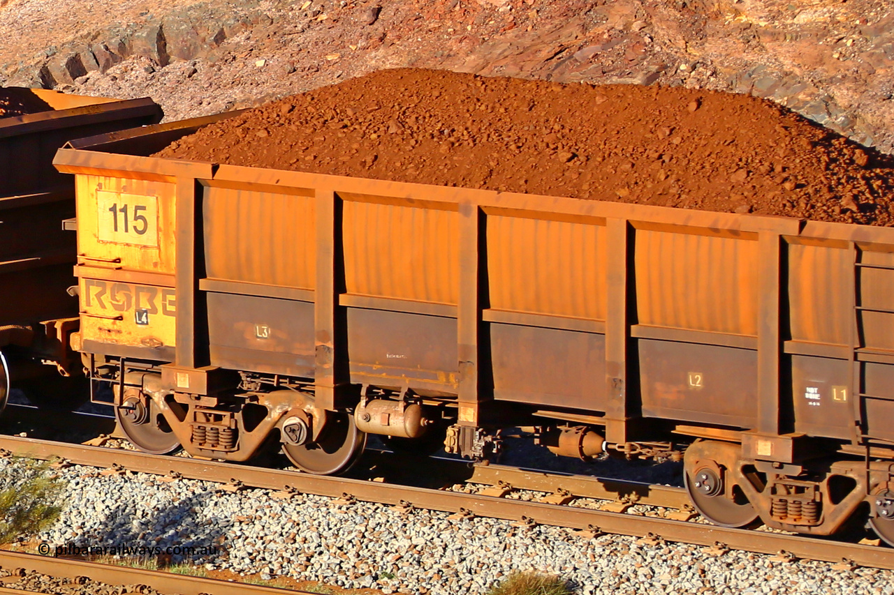 0115 180616 1643
Robe River ore waggon 115, built by Nippon Sharyo Nihon, fixed coupler non-handbrake side loaded view at the 38.5 km, Harding on the Cape Lambert line, June 16, 2018.
Keywords: 115;Nippon-Sharyo-Nihon;Robe-ore-waggon;