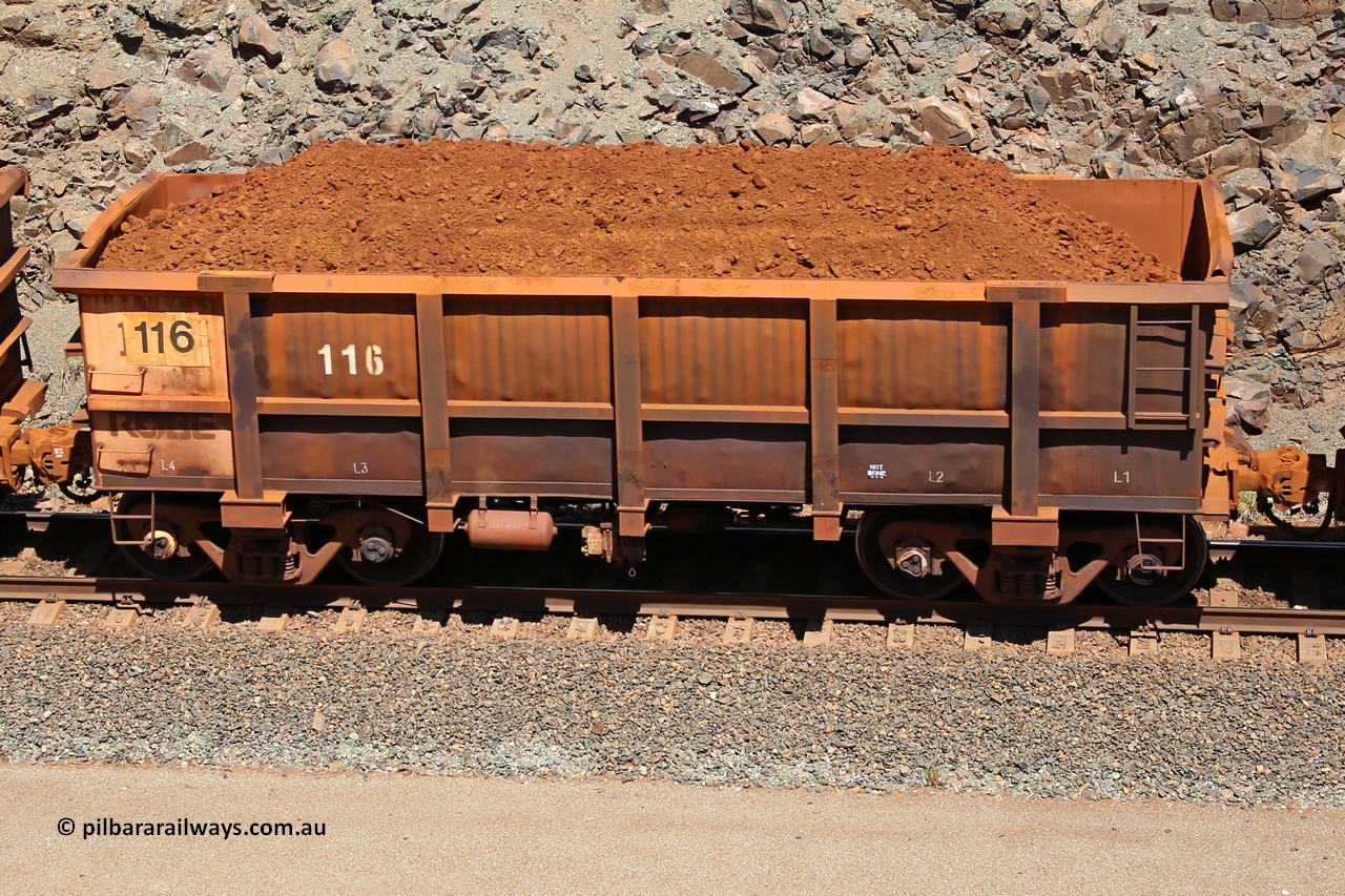 0116 160306 1543
Robe River ore waggon 116, built by Nippon Sharyo Nihon, fixed coupler non-handbrake side loaded view at the 45 km, Harding Siding on the Cape Lambert line. March 6, 2016.
Keywords: 116;Nippon-Sharyo-Nihon;Robe-ore-waggon;