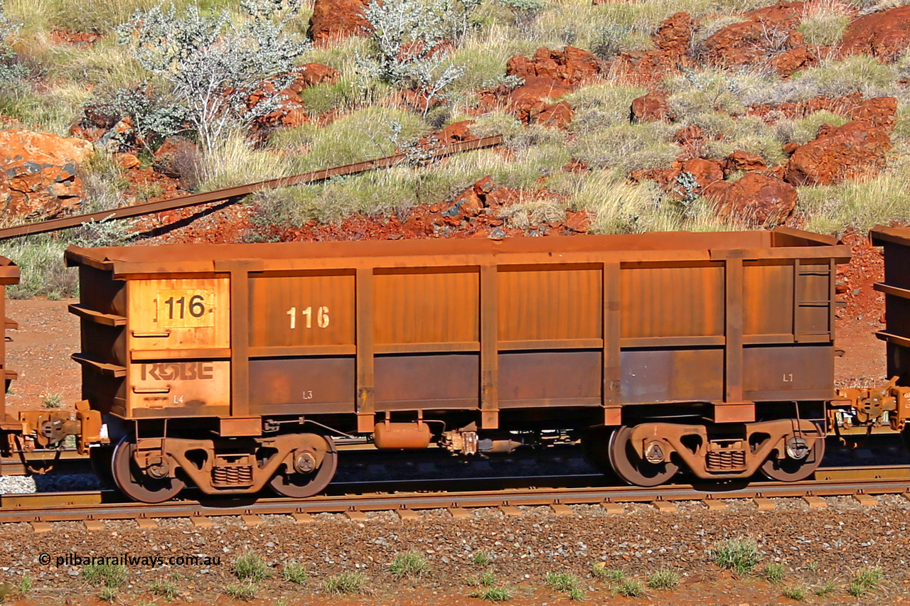 0116 180616 1698
Robe River ore waggon 116, built by Nippon Sharyo Nihon, rotary coupler end non-handbrake side empty view at the 38 km, Harding on the Cape Lambert line, June 16, 2018.
Keywords: 116;Nippon-Sharyo-Nihon;Robe-ore-waggon;