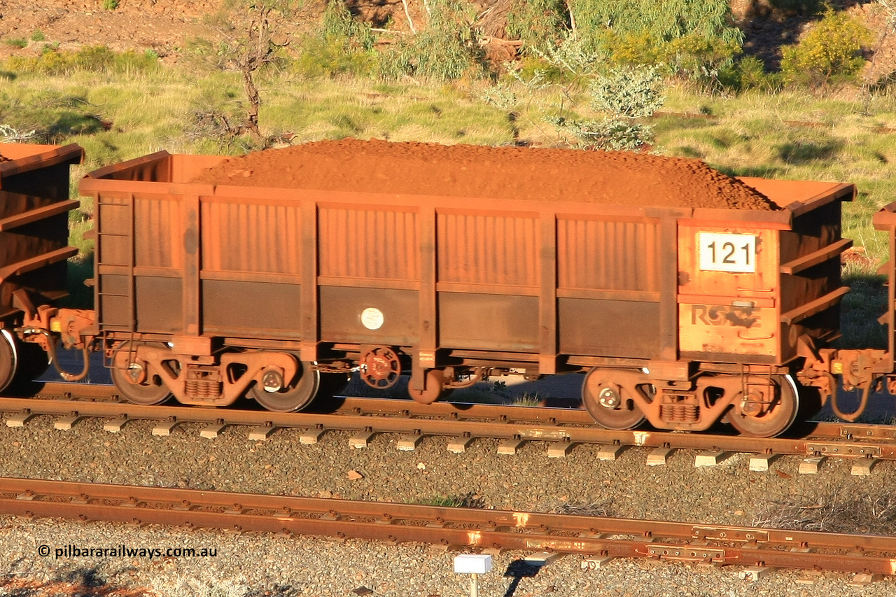 0121 110602 1613
Robe River ore waggon 121, built by Nippon Sharyo Nihon, rotary coupler end handbrake side loaded view at the 71 km, Western Creek on the Deepdale line. June 2, 2011.
Keywords: 121;Nippon-Sharyo-Nihon;Robe-ore-waggon;