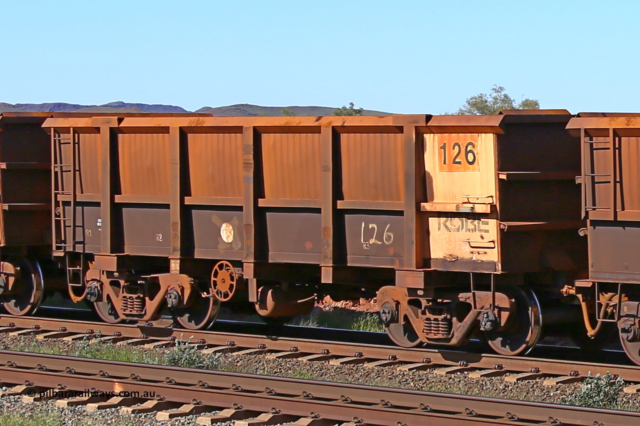 0126 160727 0971
Robe River ore waggon 126, built by Nippon Sharyo Nihon, rotary coupler end handbrake side empty view at Harding Siding on the Cape Lambert line, July 27, 2016.
Keywords: 126;Nippon-Sharyo-Nihon;Robe-ore-waggon;