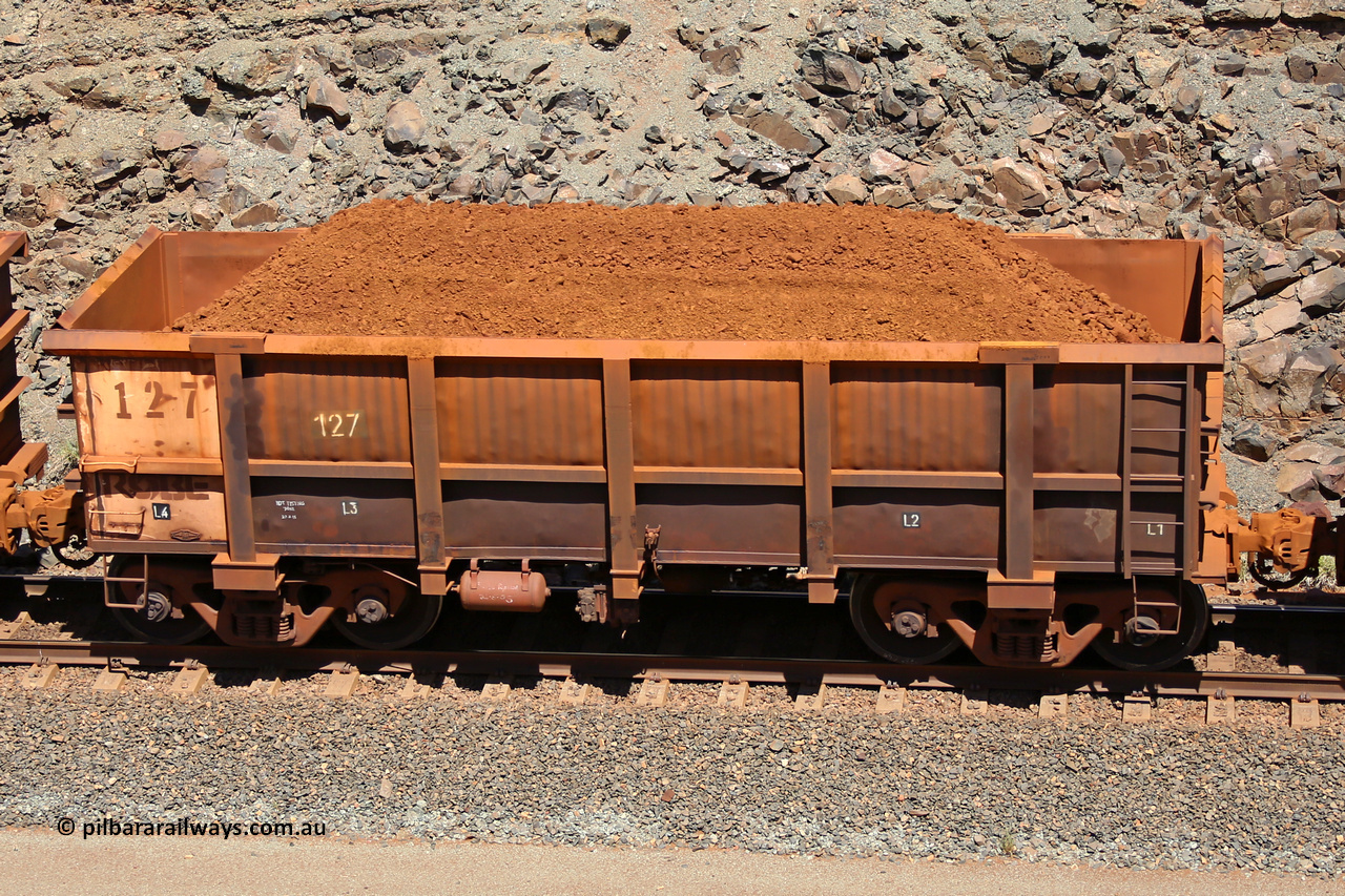 0127 160306 1557
Robe River ore waggon 127, built by Nippon Sharyo Nihon, fixed coupler non-handbrake side loaded view at the 45 km, Harding Siding on the Cape Lambert line. March 6, 2016.
Keywords: 127;Nippon-Sharyo-Nihon;Robe-ore-waggon;
