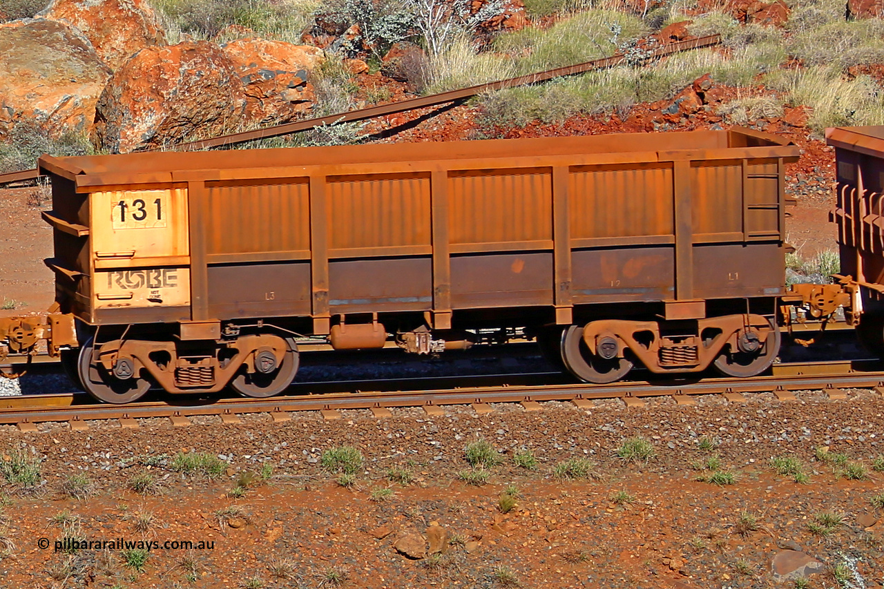 0131 180616 1738
Robe River ore waggon 131, built by Nippon Sharyo Nihon, rotary coupler end non-handbrake side empty view at the 38 km, Harding on the Cape Lambert line, June 16, 2018.
Keywords: 131;Nippon-Sharyo-Nihon;Robe-ore-waggon;