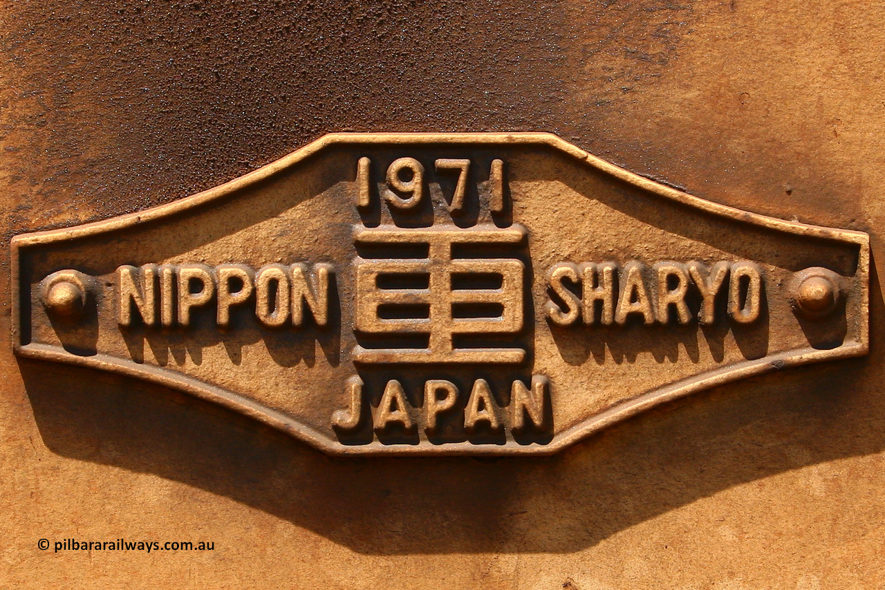 0145 070909 0671
Robe River ore waggon 145, built by Nippon Sharyo Nihon, builders plate, Cape Lambert. September 9, 2007.
Keywords: 145;Nippon-Sharyo-Nihon;Robe-ore-waggon;