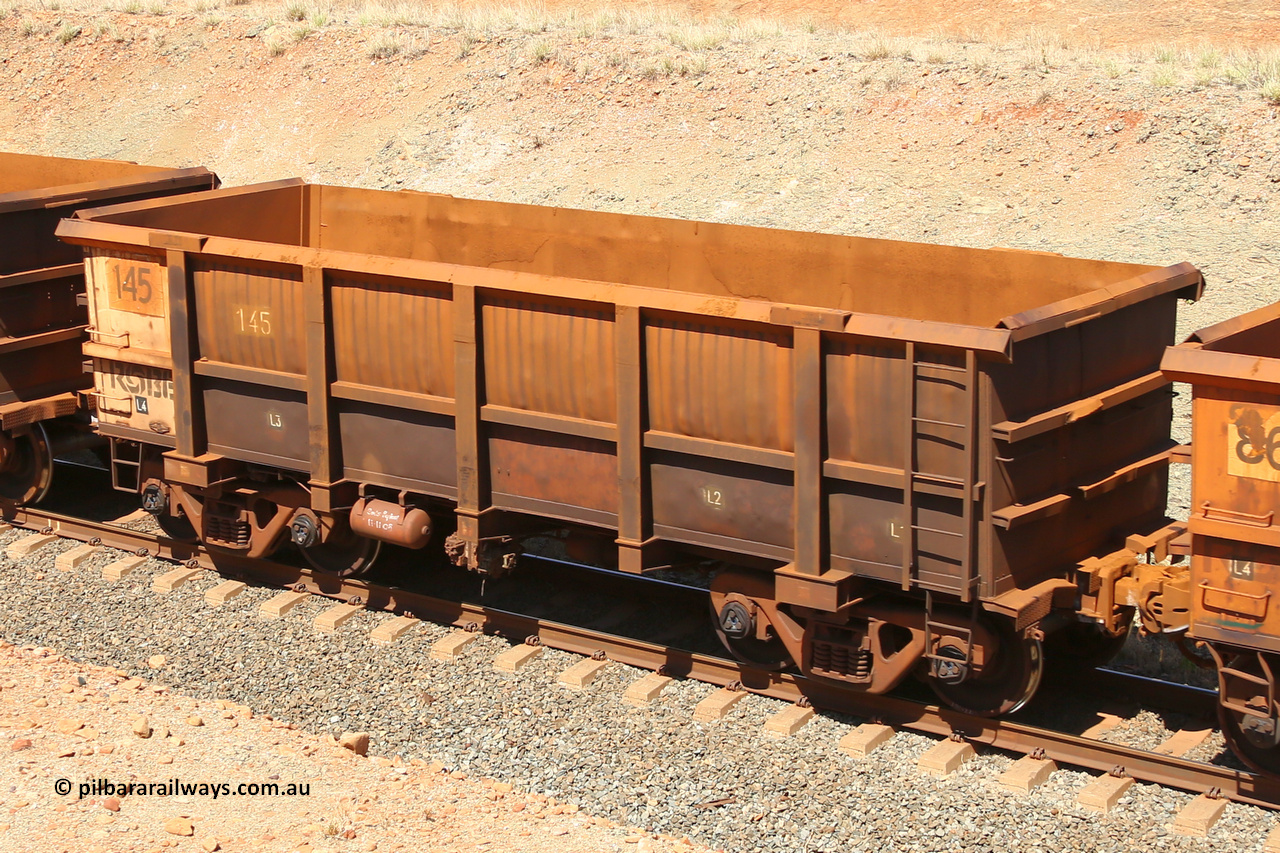 0145 160306 1350
Robe River ore waggon 145, built by Nippon Sharyo Nihon, fixed coupler non-handbrake side empty view at Greenpool on the Cape Lambert line. March 6, 2016.
Keywords: 145;Nippon-Sharyo-Nihon;Robe-ore-waggon;