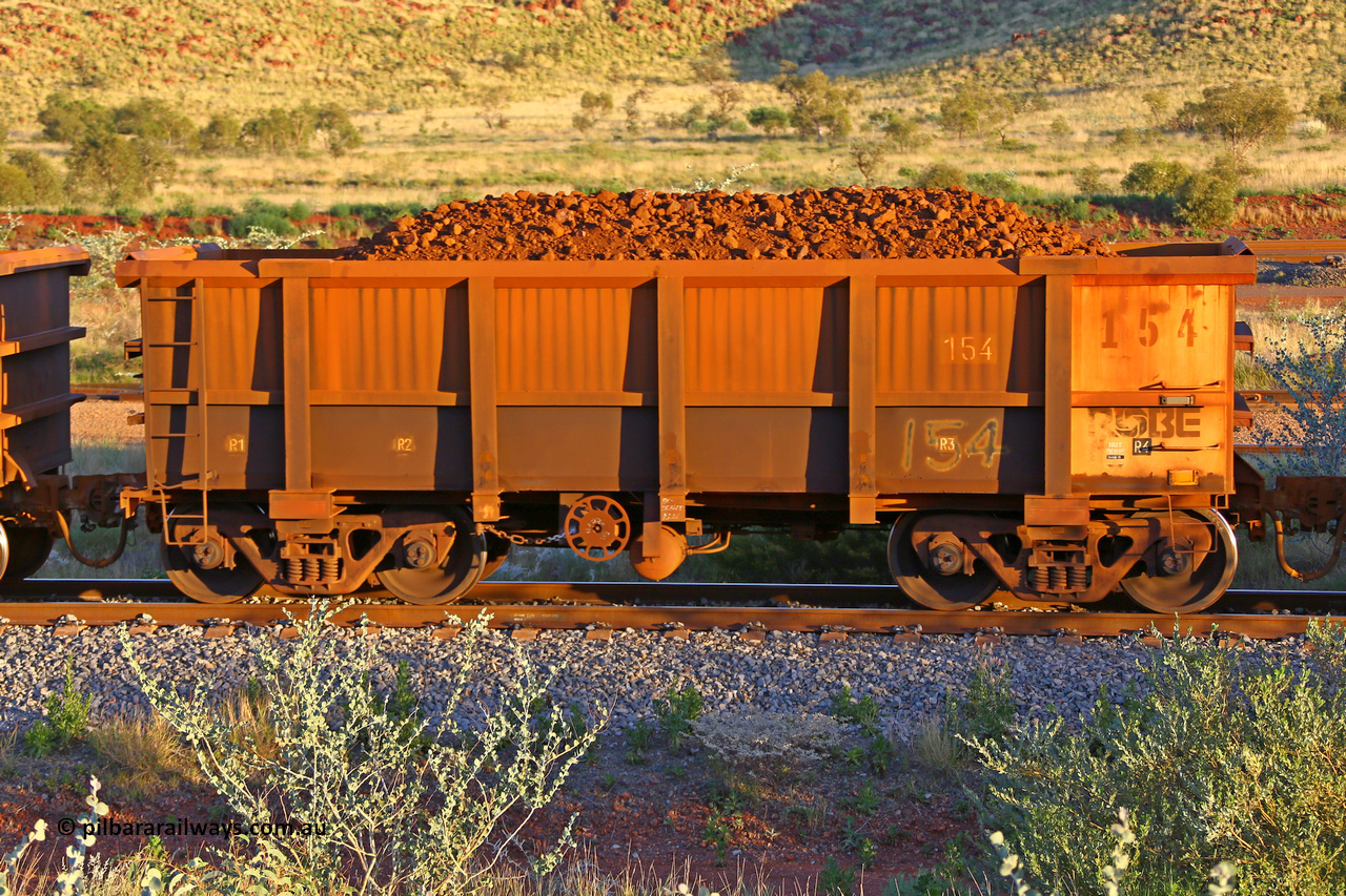 0154 170513 8757
Robe River ore waggon 154, built by Centurion Industries WA as a replacement, plate marking is visible, handbrake side loaded view, Cape Lambert yard, May 13, 2017.
Keywords: 154;Centurion-Industries-WA;Robe-ore-waggon;