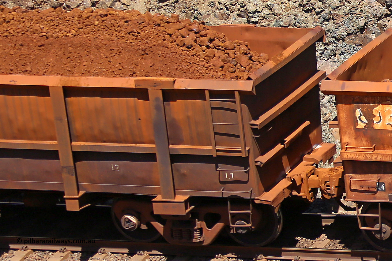 0156 160306 1602
Robe River ore waggon 156, built by Nippon Sharyo Nihon, fixed coupler end loaded view at the 45 km, Harding Siding on the Cape Lambert line. March 6, 2016.
Keywords: 156;Nippon-Sharyo-Nihon;Robe-ore-waggon;