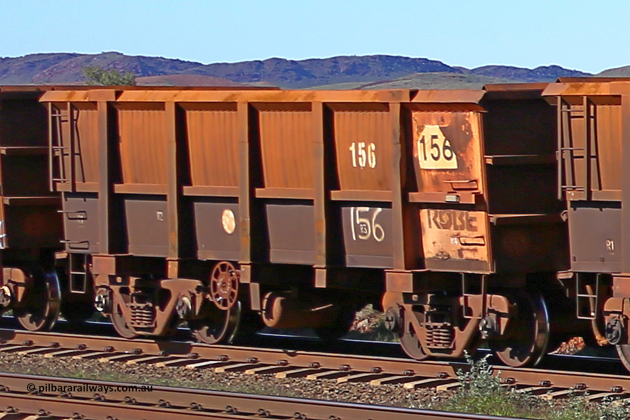 0156 160727 0983
Robe River ore waggon 156, built by Nippon Sharyo Nihon, rotary coupler end handbrake side empty view at Harding Siding on the Cape Lambert line, July 27, 2016.
Keywords: 156;Nippon-Sharyo-Nihon;Robe-ore-waggon;